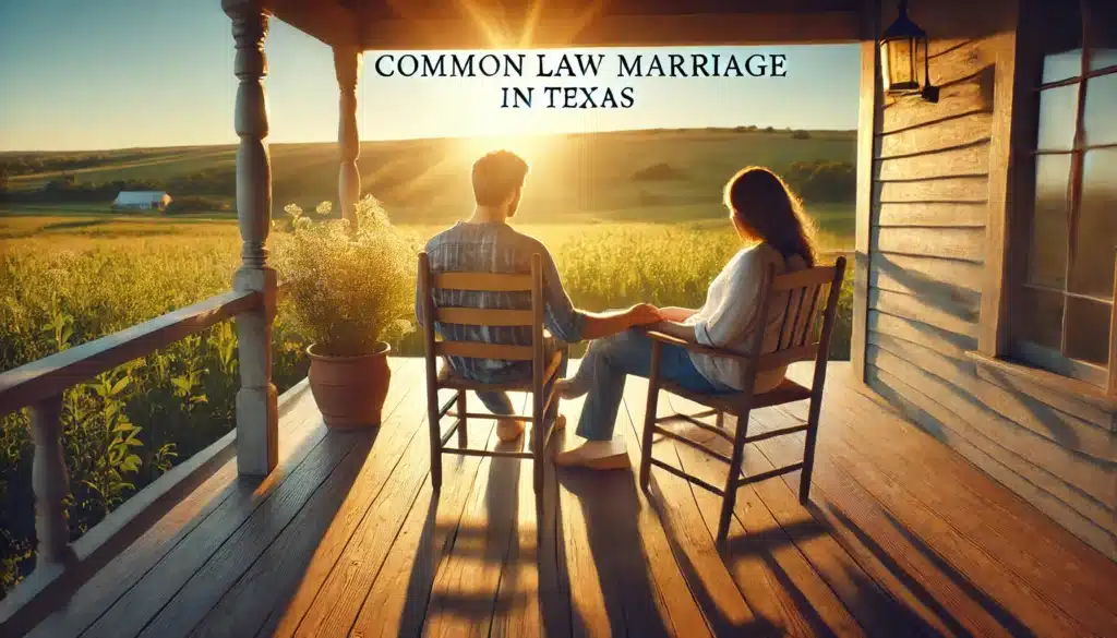 A wide-angle, photo-realistic, cinematic image with summer vibes, representing common law marriage in Texas. The scene should feature a couple sitting together on a sunlit porch, sharing a moment of warmth and companionship. They should be casually dressed, with soft golden light reflecting off the landscape, evoking a relaxed, informal atmosphere. The background should feature rolling fields or a calm countryside, symbolizing the peaceful, yet legal bond of a common law marriage in Texas. The image should convey a sense of unity, comfort, and simplicity, with a touch of warmth and natural beauty.