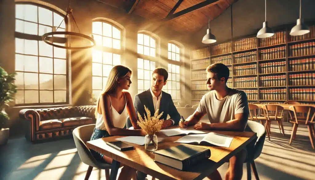 A wide-angle, photo-realistic, cinematic image with summer vibes, depicting the legal implications of common law marriage. The scene should show a couple sitting at a table in a warm, professional office setting, reviewing legal documents or discussing matters with a family law attorney. The couple is casually dressed, yet the atmosphere is serious and focused, with legal paperwork or a laptop visible on the table. The background should have subtle hints of the legal world, such as bookshelves with law books, and the sunlight should pour in from large windows, creating an inviting but professional mood. The image should convey the weight of legal matters regarding common law marriage, balancing warmth and seriousness.