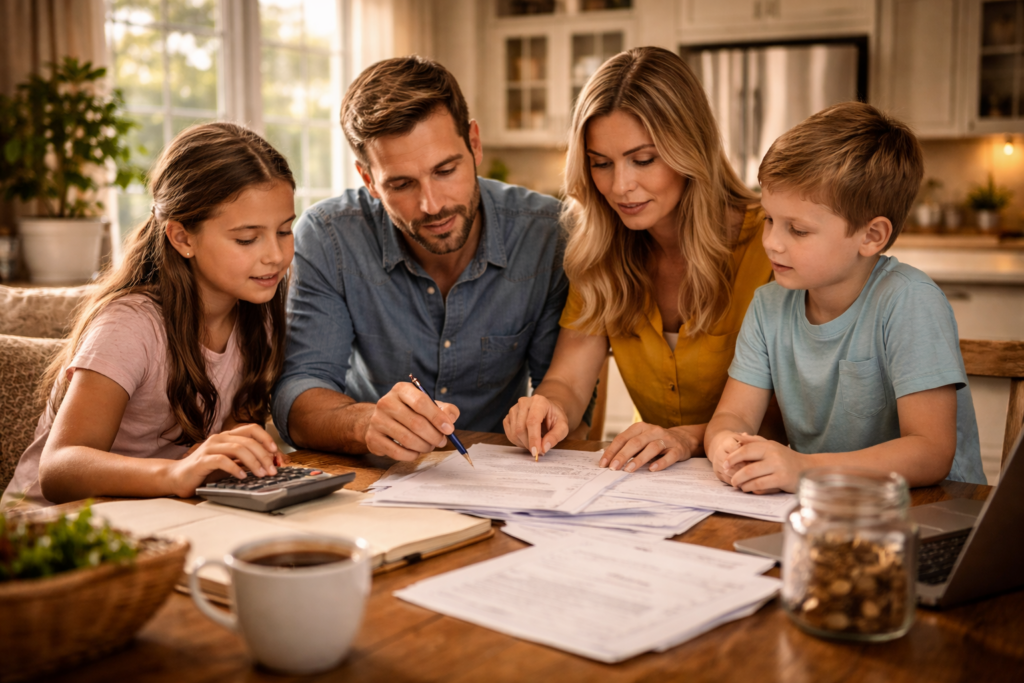 A family of four is gathered around their kitchen table, reviewing paperwork related to their adoption journey, which includes financial documents and notes about the adoption process. They appear focused and engaged as they discuss the costs and legal fees associated with adopting a child in Texas.