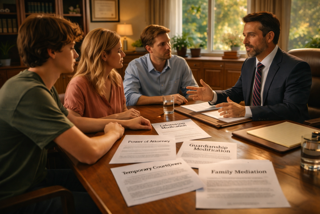 A Texas family meeting with a family law attorney to discuss alternatives to full emancipation for a teenage child in a professional office setting.