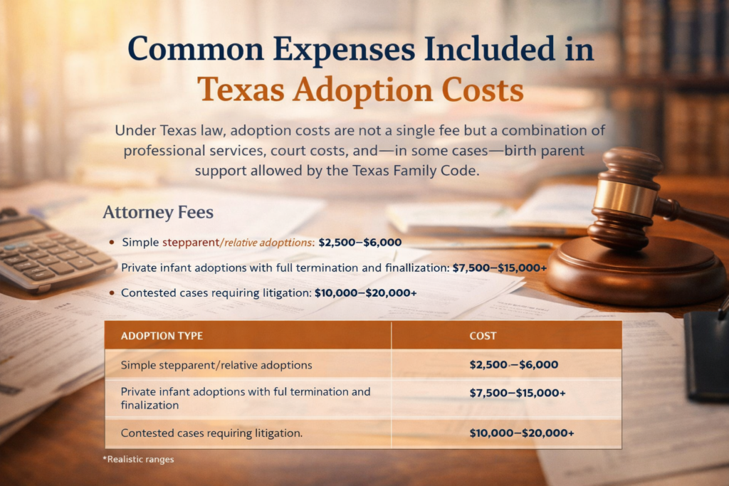 Infographic illustrating common Texas adoption costs, showing attorney fee ranges for stepparent, private infant, and contested adoption cases on a legal desk background.