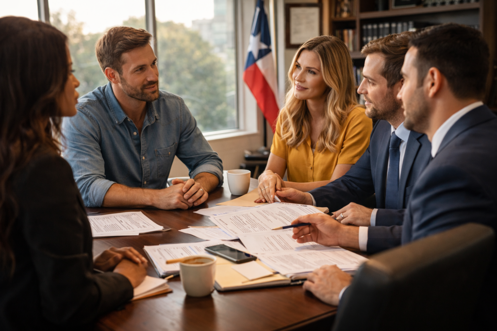 The image depicts a professional meeting in a modern office where prospective adoptive parents are discussing the adoption process with their legal team. The atmosphere is focused and collaborative, reflecting the importance of navigating legal fees and requirements for adopting a child in Texas.