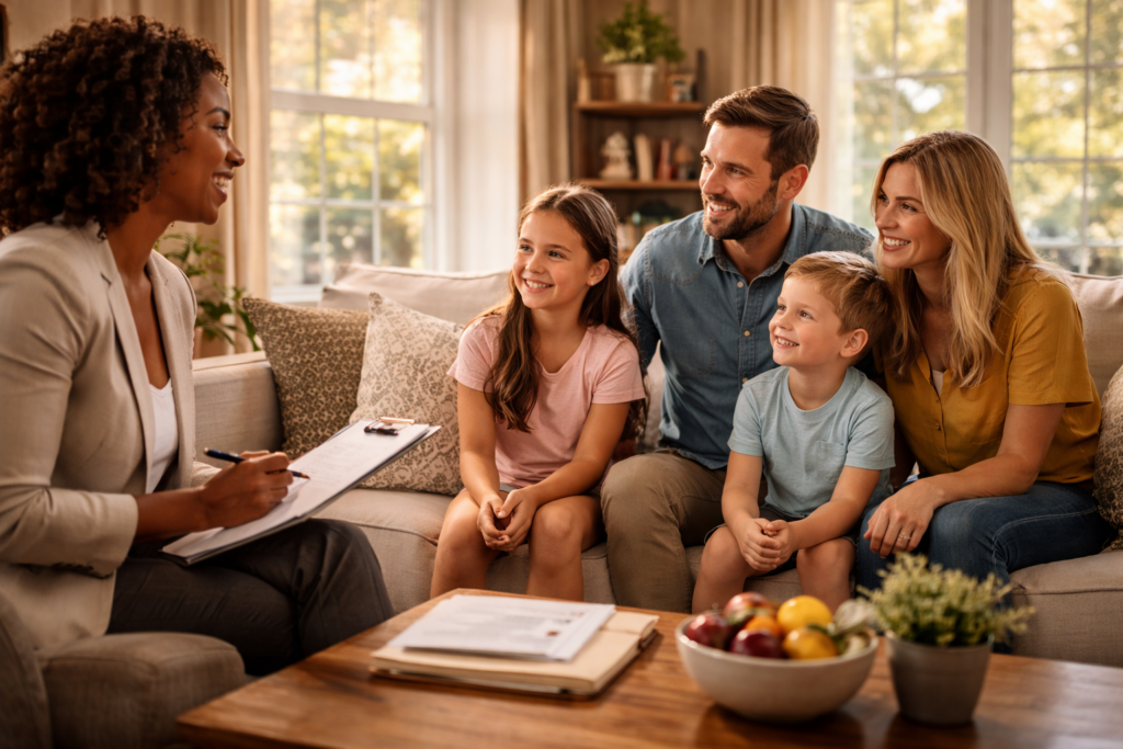 A social worker is seated with a family in their living room, conducting a home study visit as part of the adoption process. The atmosphere is warm and inviting, reflecting the family's readiness to provide a permanent home for a child, potentially through adoption in Texas.
