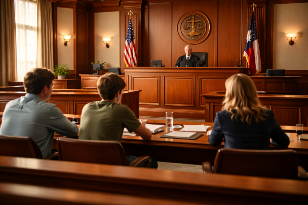 The image depicts a formal courtroom setting featuring polished wooden benches and an American flag prominently displayed, symbolizing the legal process where a minor may seek emancipation in Texas. This environment is where issues related to family law, such as the rights of an emancipated minor and their ability to manage their own financial affairs, are addressed.