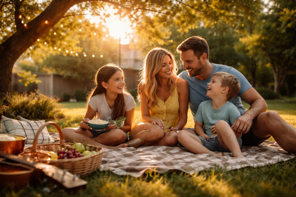 A blended family enjoying a peaceful summer evening together outdoors, symbolizing stability, belonging, and family unity after adoption in Texas.