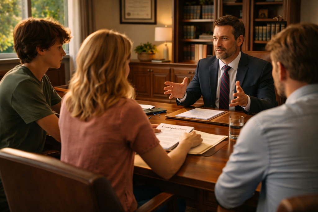 The image depicts a family law attorney meeting with clients in a professional office setting, discussing the legal process of seeking emancipation for a minor child in Texas. The attorney provides guidance on the rights and responsibilities involved, emphasizing the importance of financial independence and the minor's ability to manage their own financial affairs.