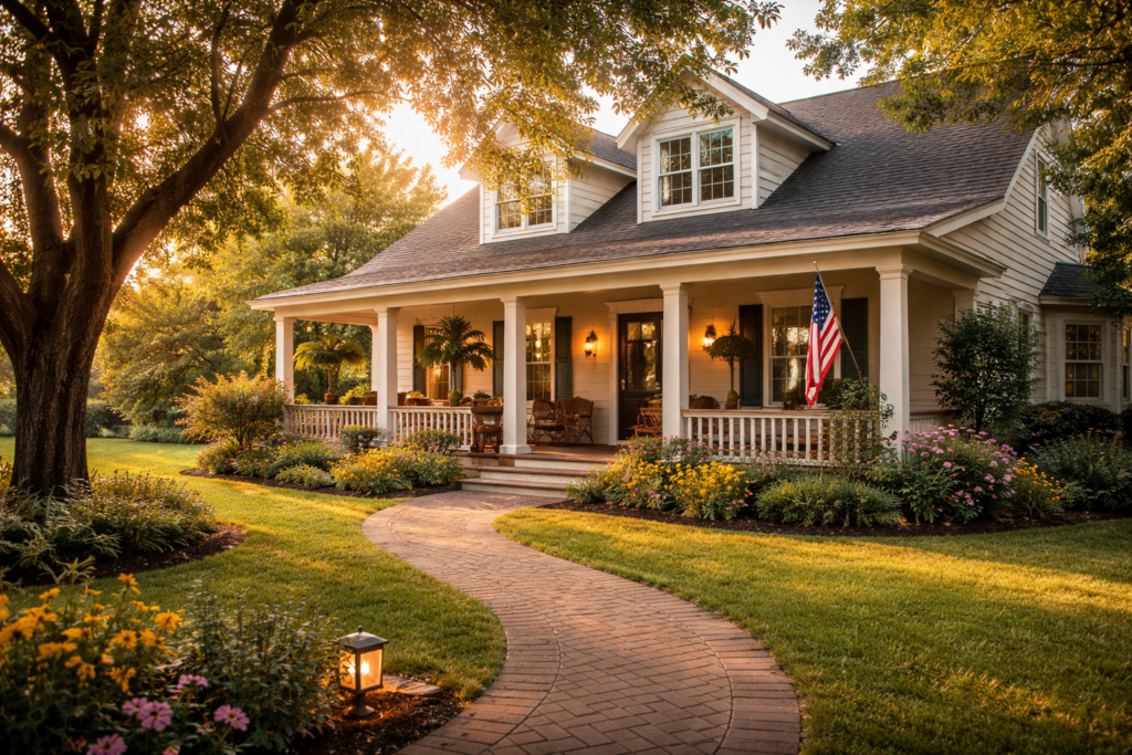 The image depicts a warm and welcoming Texas family home featuring a spacious front porch surrounded by lush trees in the yard, symbolizing a nurturing environment for prospective adoptive families. This inviting setting reflects the journey of adopting a child in Texas, offering a permanent home for abused and neglected children.