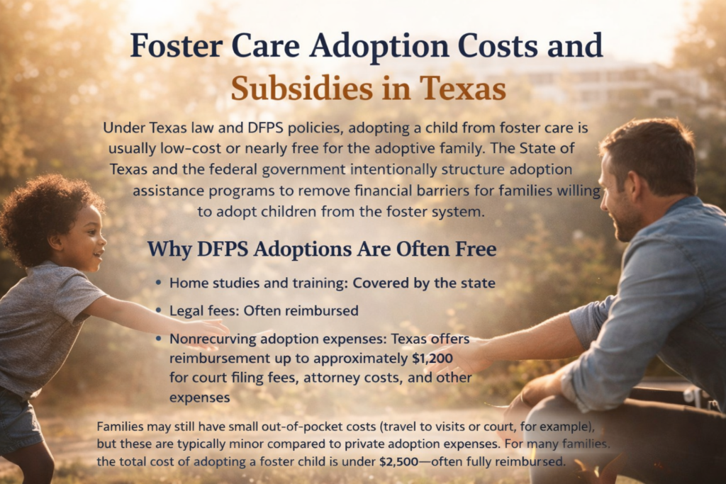 Infographic explaining foster care adoption costs and subsidies in Texas, showing that DFPS adoptions are often low-cost or reimbursed, with a foster parent and child outdoors.
