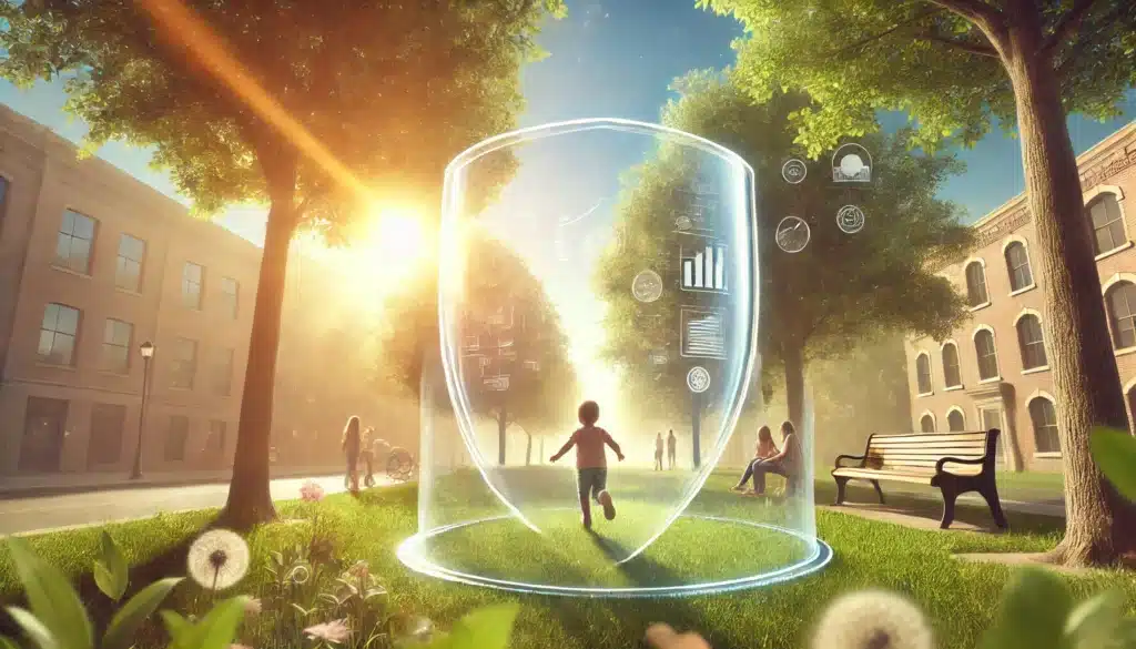 A wide-angle, photo-realistic, cinematic image with summer vibes illustrating the concept of Texas child support trusts. The scene captures a symbolic representation, featuring a child playing in a peaceful park under a bright, sunny sky. In the foreground, a transparent protective shield surrounds the child, symbolizing financial security and stability. Trees, soft greenery, and sunlight create a warm, inviting atmosphere, with subtle visual elements such as documents or financial charts in the background hinting at the trust concept. The image should evoke a sense of care, protection, and future planning.