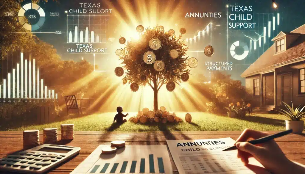A wide-angle, photo-realistic, cinematic image with summer vibes illustrating annuities related to Texas child support. The scene shows a peaceful, sunny environment with symbolic elements representing annuities, such as a growing tree with coins as leaves and a child beneath it holding a financial statement. The background reflects financial stability and long-term support, with warm sunlight casting a serene glow over the scene. Elements like documents or charts subtly highlight the concept of structured payments and security, all captured with a summer atmosphere and inviting vibe.