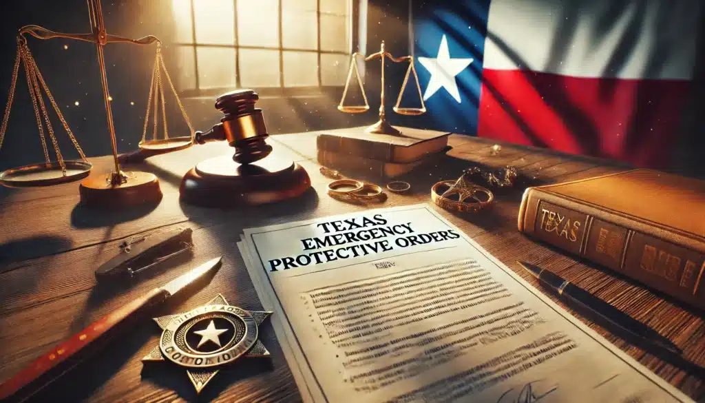 A wide-angle, photo-realistic, cinematic image illustrating Texas emergency protective orders. The scene shows a legal document on a table with 'Texas Emergency Protective Orders' written on it, surrounded by symbols of law and protection, such as a gavel, a shield, and scales of justice. Sunlight filters through a window, casting a warm glow, giving the scene summer vibes. The Texas state flag is subtly visible in the background, symbolizing the jurisdiction. The overall mood conveys a sense of safety, security, and legal authority.