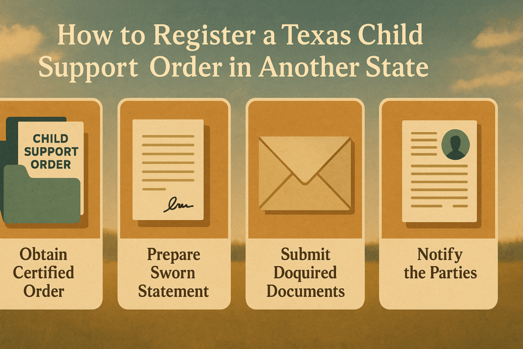 A graphic showing the steps to register a Texas child support order in another state, with icons representing various documents.