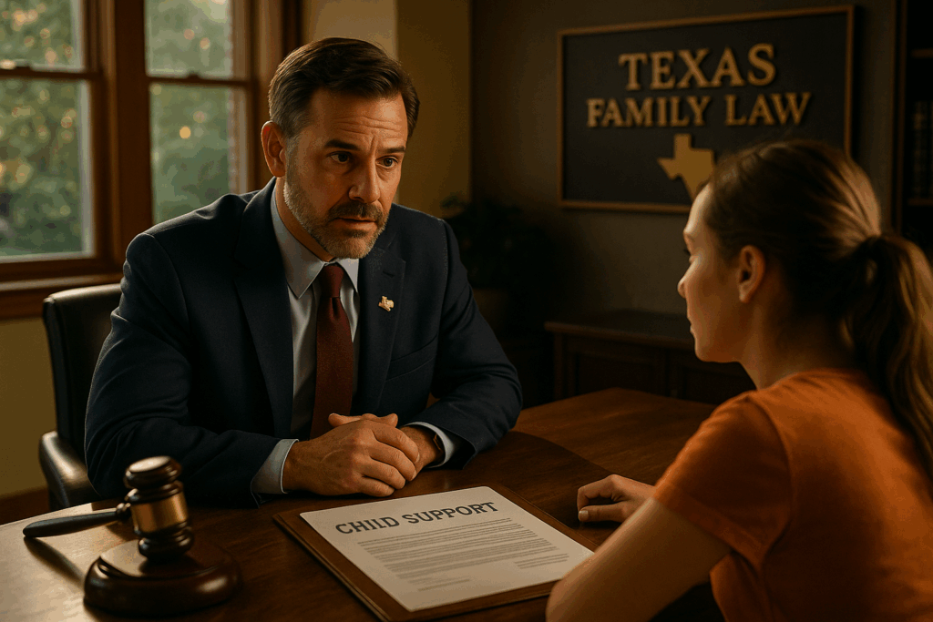 A representation of a Texas family law attorney consulting with a client about child support issues.