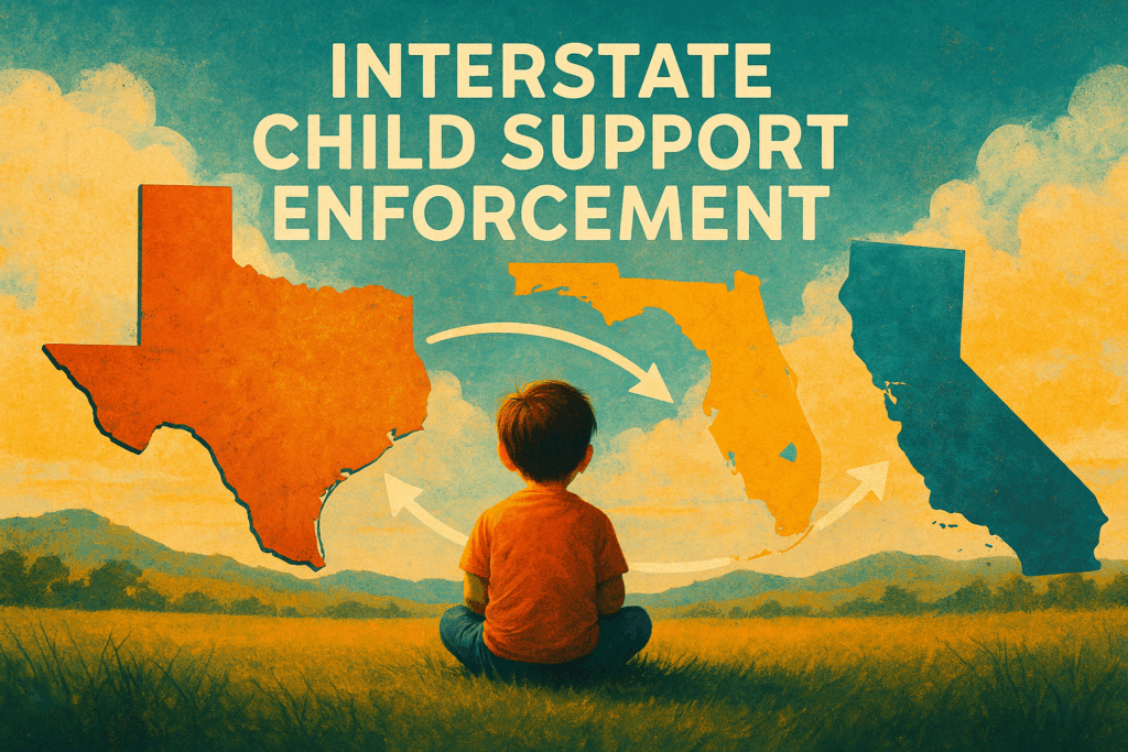 An illustration depicting the concept of interstate child support enforcement, showcasing various states and a child.