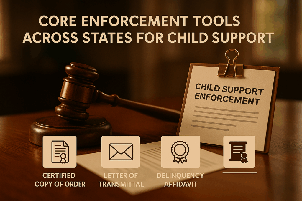 An image depicting core enforcement tools used across states for child support, including a gavel and legal documents.