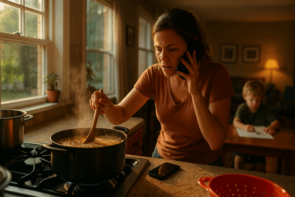 A stressed single mother cooking spaghetti while on the phone, as her child draws quietly in the background of a sunlit kitchen.