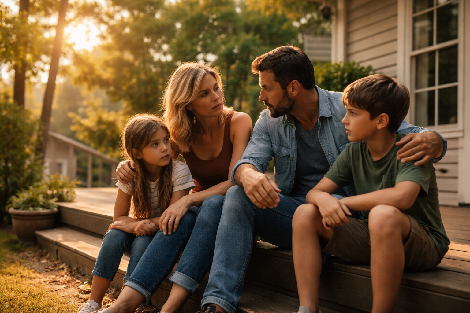Parents sitting with their children outside their home during summer, reflecting on family stability after a Texas CPS case and custody concerns