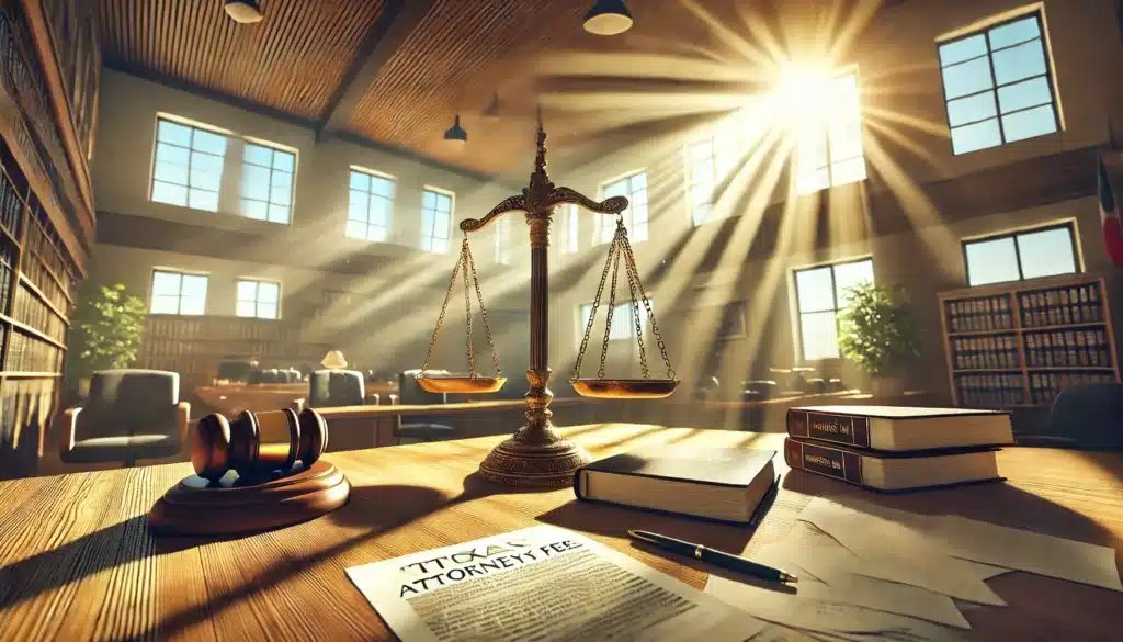 A wide-angle, photo-realistic, cinematic image with summer vibes representing the circumstances under which attorney's fees are awarded in Texas divorce cases. The scene features a set of scales of justice prominently in the foreground, with legal documents scattered around. Sunlight streams in through large windows, creating a bright, warm atmosphere that reflects a Texas summer. In the background, a courtroom or law office setting is visible, adding a professional tone. The image captures the seriousness and complexity of legal decisions in divorce cases, all under the warmth of a summer day.