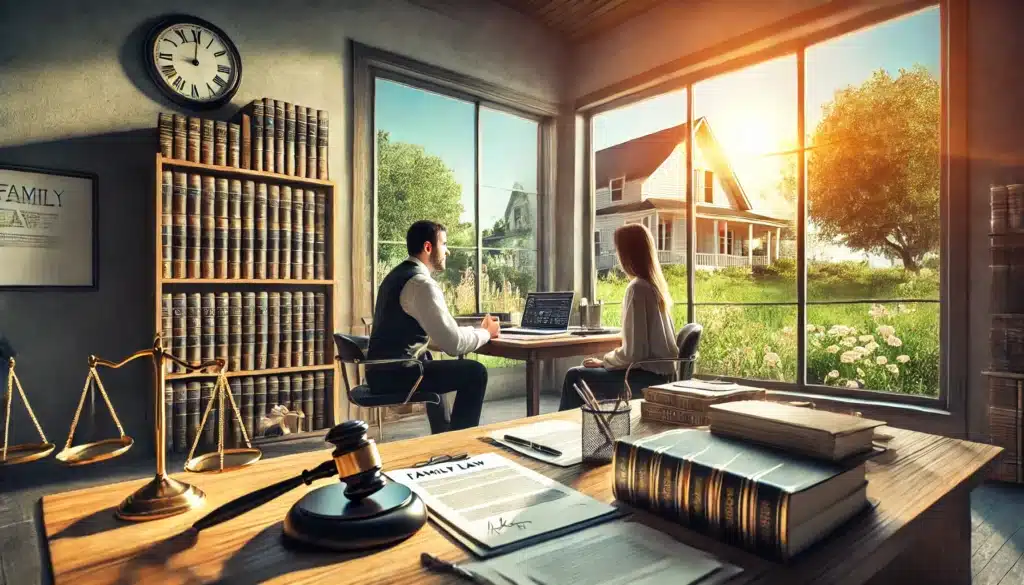 A wide-angle, photo-realistic, cinematic image with summer vibes showcasing the engagement of a family law attorney in Texas. The image features a professional law office setting, with an attorney seated across from a client at a desk filled with legal documents and a laptop. Sunlight streams in through large windows, casting a warm glow over the scene. Outside, a bright Texas summer landscape is visible. The image captures the importance of legal representation, showing a thoughtful conversation between the attorney and the client, emphasizing trust and professionalism.