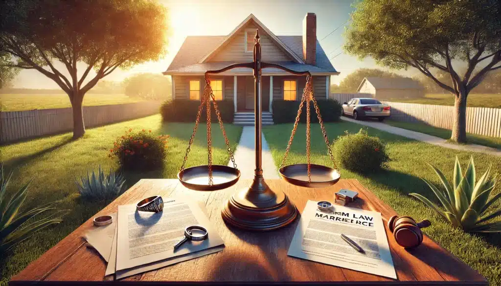 A wide-angle, photo-realistic, cinematic summer illustration representing the Texas common law marriage divorce process. The image shows a symbolic scale of justice in the center, set against a serene Texas landscape with a suburban home in the background. On one side of the scale, a wedding ring and a document symbolizing marriage, and on the other side, legal papers and a house key. The scene is bathed in warm summer sunlight with vibrant greenery and a peaceful yet reflective atmosphere. The image subtly conveys the emotional and legal complexities of divorce in a relatable and visually striking manner.
