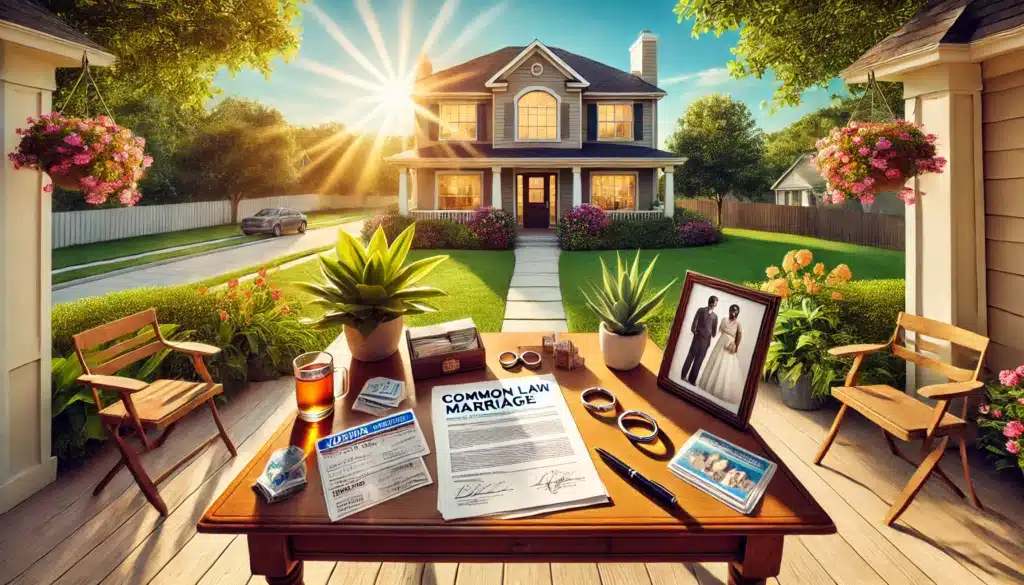 A wide-angle, photo-realistic, cinematic summer illustration visually representing the steps to prove a common law marriage exists in Texas. The scene depicts a symbolic legal desk outdoors in a sunny Texas setting. The desk holds items like a joint bank statement, shared utility bills, a framed family photo, and a wedding ring, symbolizing evidence of mutual agreement, cohabitation, and public representation. The background features a charming suburban home with lush greenery, vibrant flowers, and golden summer sunlight, creating an inviting yet reflective atmosphere.