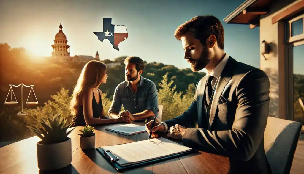A wide-angle, photo-realistic, cinematic image set in a summer environment, representing family law in Texas. The scene captures a family law attorney in a professional setting, sitting at a desk outdoors under a warm summer sky, discussing legal matters with clients. The attorney is focused and attentive, with legal documents visible. The clients—a couple—are engaged in the conversation. In the background, subtle hints of Texas, such as state symbols or architecture, are present to set the location, creating a calm and reassuring atmosphere.