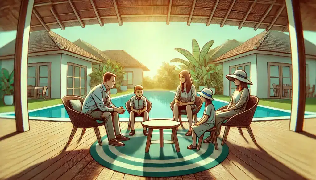 A wide-angle, photo-realistic, cinematic image with summer vibes, illustrating the complexities of child custody cases. The scene captures a cartoon-like family setting where parents and children are involved in a serious discussion. The parents are sitting across from each other, with the children in the middle, representing a custody dispute. The setting is outdoors, under a warm summer sky, with subtle cartoonish elements to soften the emotional intensity, creating a balanced atmosphere of tension and hope.