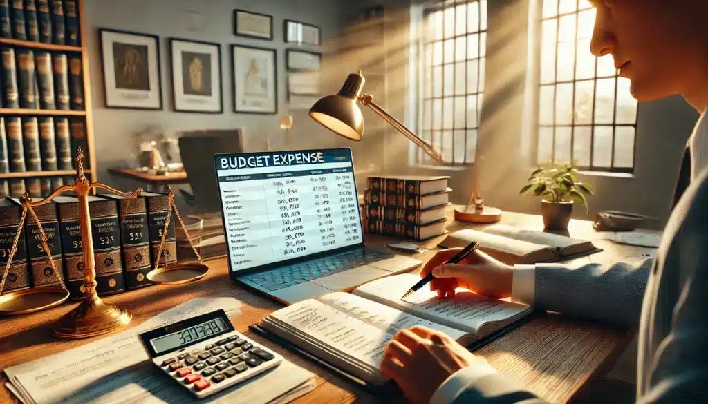 A wide-angle, photo-realistic, cinematic image of a budget planner for legal expenses in a custody case. It's a warm summer day, with sunlight flooding the room through large windows. The scene is set in a modern office with a desk covered in neatly arranged documents, a calculator, a laptop showing a budgeting spreadsheet, and a pen resting on a notebook. A person is carefully reviewing the budget, jotting down notes. In the background, law books and framed certificates are visible. The atmosphere is focused yet relaxed, with summery vibes from the bright lighting.