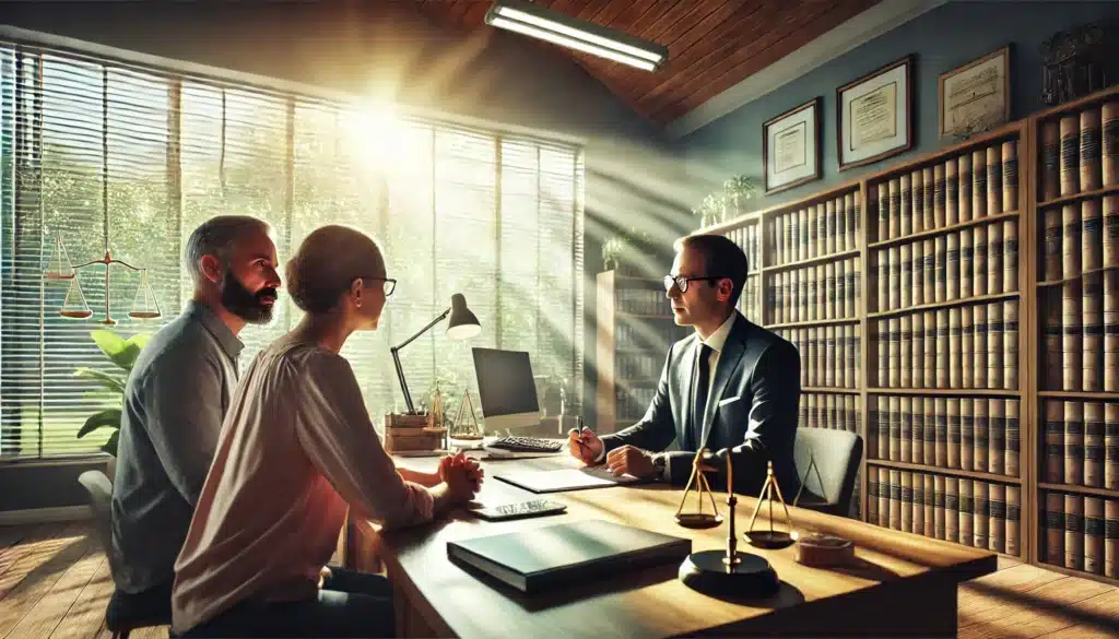 A wide-angle, photo-realistic, cinematic image of an experienced custody lawyer consulting with clients. The setting is a bright, sunny summer day in a modern law office, with natural light streaming through large windows. The lawyer sits at a desk with legal documents and a laptop open, discussing the case with two clients sitting across. The clients are attentively listening and taking notes. In the background, bookshelves with law books and framed certificates add to the professional yet inviting atmosphere. The overall vibe is warm, focused, and welcoming, with a touch of summer energy.