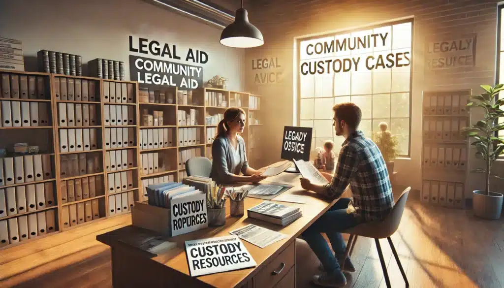 A wide-angle, photo-realistic, cinematic image depicting resources and legal aid options for custody cases. The scene is set in a community legal aid office on a bright summer day, with warm sunlight streaming through large windows. A friendly legal aid advisor sits at a desk covered with brochures, legal documents, and a computer, discussing options with a parent seeking custody advice. The parent holds a pamphlet about custody resources. In the background, a bookshelf with legal guides and resources is visible. The atmosphere is welcoming and supportive, with a summer vibe from the bright lighting.