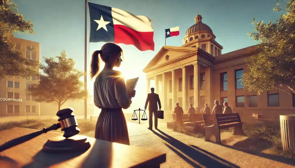 A wide-angle, photo-realistic, cinematic scene with summer vibes. The image illustrates legal protections for victims of harassment and stalking in Texas, focusing on the concept of protective orders. It shows a courthouse with the Texas flag waving in the breeze, bathed in warm sunlight. In the foreground, a woman confidently holding a legal document stands near the courthouse steps, symbolizing empowerment through legal action. A subtle figure in the background, representing a stalker or harasser, is blurred to convey distance and separation. The scene feels peaceful yet strong, emphasizing justice and protection under Texas law.