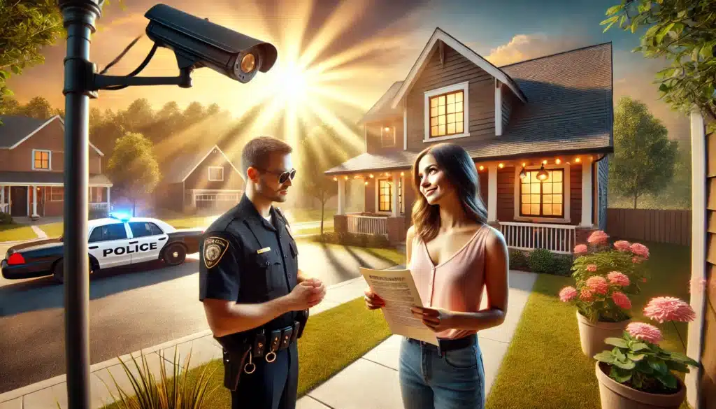 A wide-angle, photo-realistic, cinematic scene with summer vibes. The image illustrates the protections offered by protective orders, focusing on safety measures for victims of harassment and stalking. It shows a peaceful suburban neighborhood, bathed in warm sunlight, with a woman confidently speaking to a police officer near her home, holding a protective order. In the background, a security camera is visible on the house, symbolizing enhanced safety. The scene conveys both security and empowerment, with elements of safety like a police car, the protective order, and the calm environment reflecting the victim’s regained control.