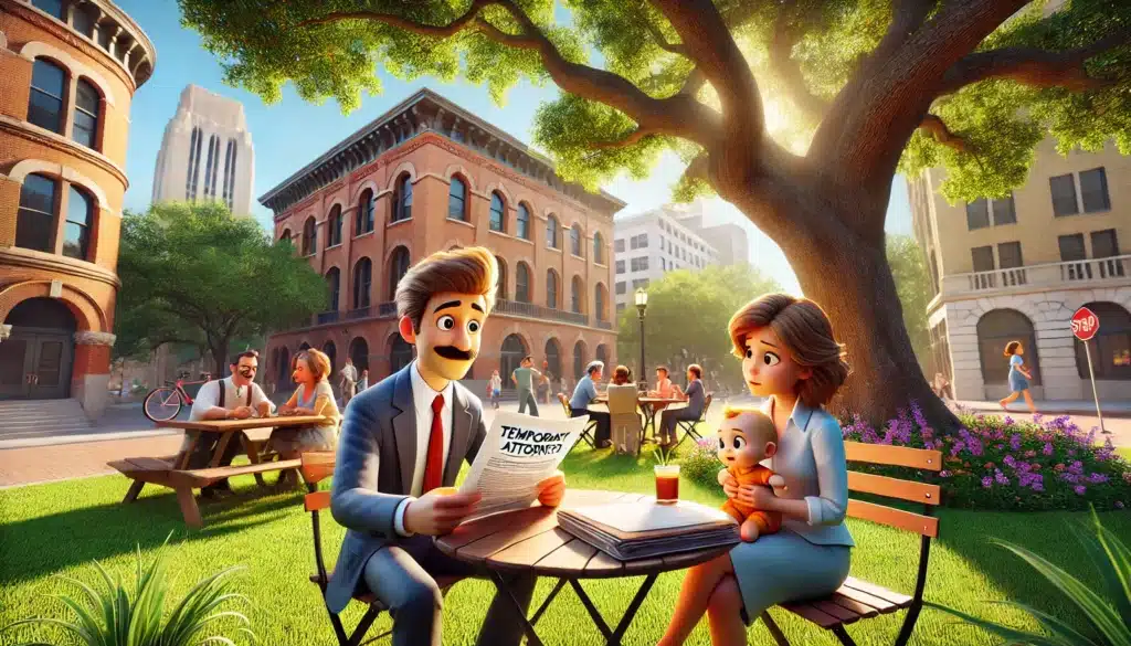 A cartoon representation of a temporary orders attorney assisting a client in West University, Houston.