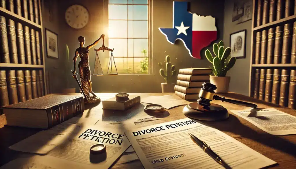 An illustration depicting the Texas divorce process, highlighting key aspects like divorce petitions and child custody.