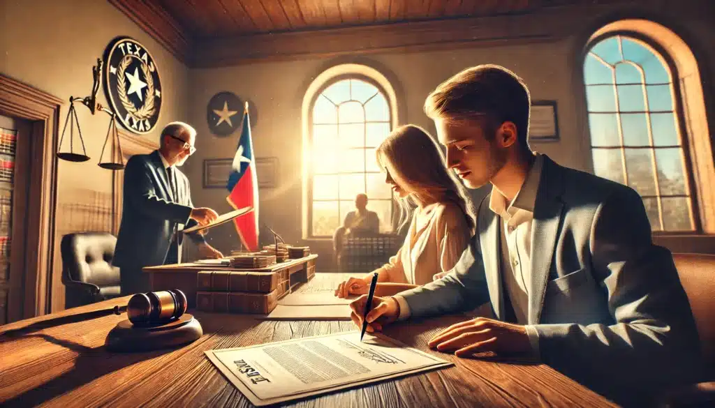 An illustration of the finalization of a divorce in Texas, including the signing of the divorce decree.