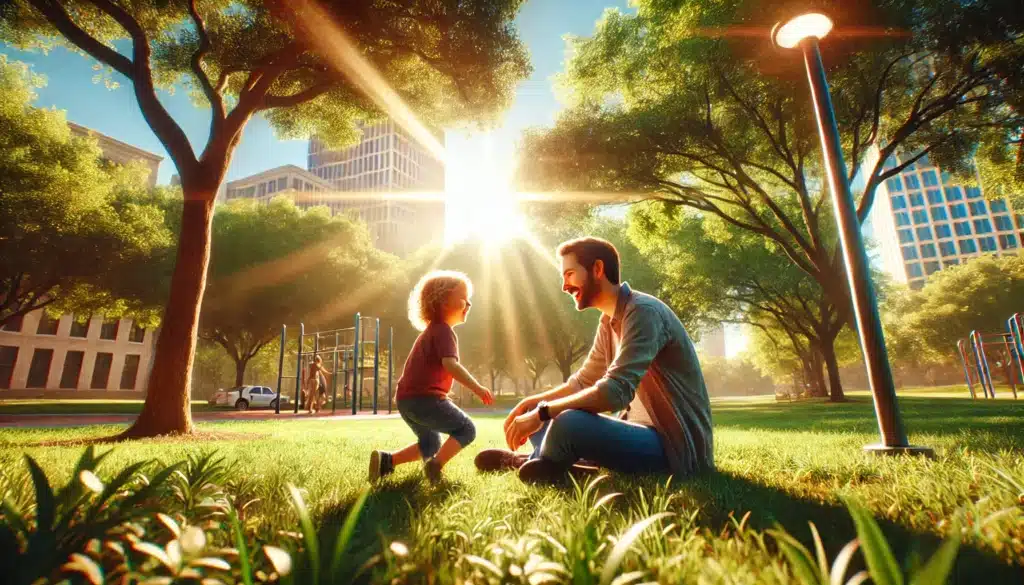 Illustration depicting a primary custodial parent in Texas interacting with their child.