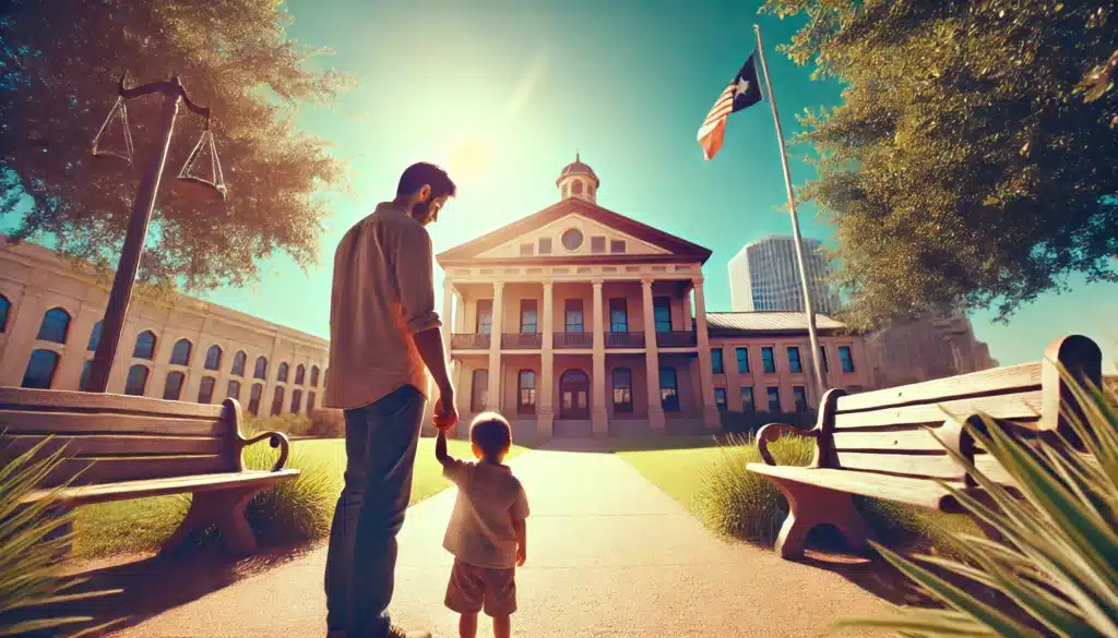 A wide-angle, photo-realistic, cinematic image set in a bright, sunlit Texas summer day. It captures the emotional tension of understanding child custody battles and parental rights. A peaceful outdoor setting with a courthouse or legal office in the background. In the foreground, a parent is holding a child's hand, with both looking at the distant courthouse. The sky is clear, and the warm summer atmosphere contrasts with the seriousness of the moment, emphasizing family, custody, and parental rights in Texas.