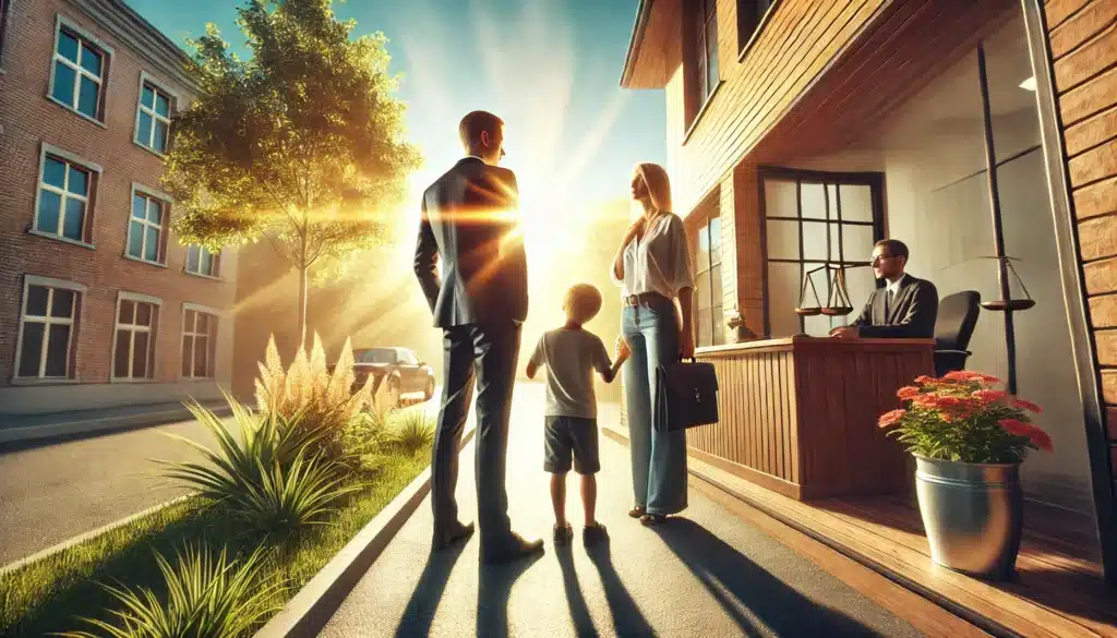 A wide-angle, photo-realistic, cinematic image with summer vibes, capturing the importance of hiring an experienced family law attorney for child custody cases. The scene is set outside a legal office with warm sunlight illuminating the area. A professional lawyer in a suit is seen talking to a concerned parent, who is holding a child's hand. The atmosphere is serious but hopeful, with clear blue skies and bright greenery. The setting evokes trust and guidance, showing the crucial role of legal support in family and custody matters.