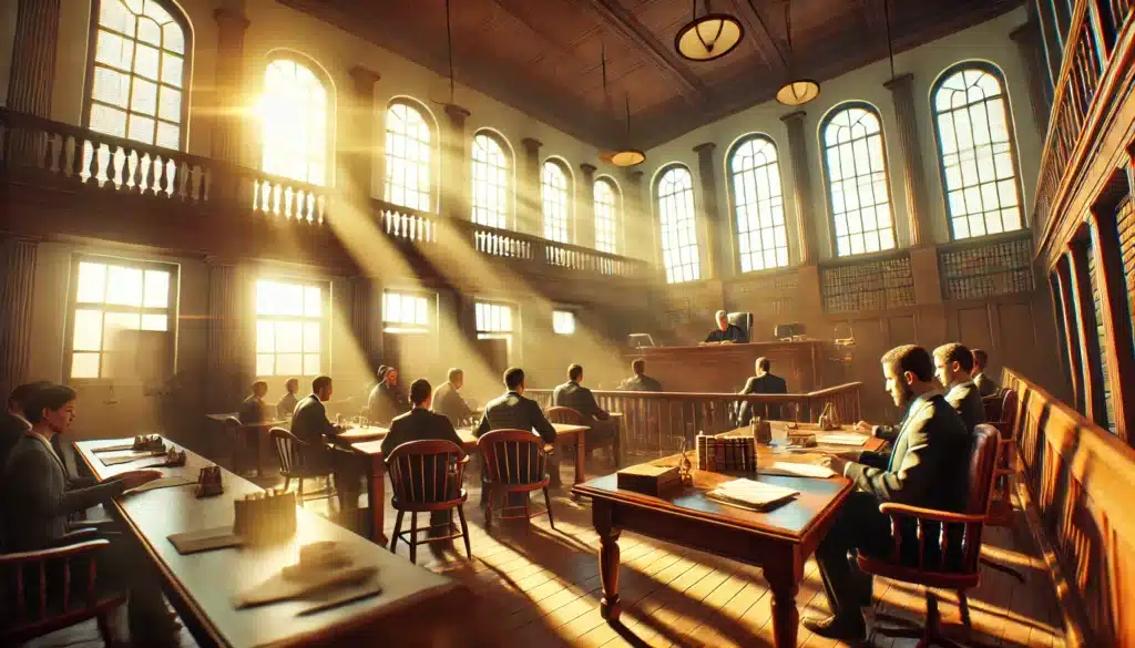 A cinematic, wide-angle, photo-realistic image of a courtroom setting during summer. The scene includes a judge presiding over a divorce case, with lawyers discussing points at their respective tables. Sunlight streams in from high windows, casting a warm glow that creates a calm yet serious atmosphere. The scene is detailed with classic wooden benches, an elevated judge's bench, and vibrant summer lighting. No visible faces, capturing only the professional attire and details of the setting to convey focus and formality.
