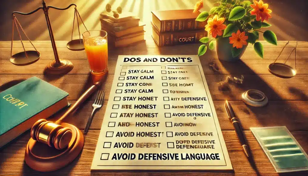 A cinematic, wide-angle, photo-realistic image of a checklist on a desk with dos and don'ts for court appearances. The checklist is neatly organized with items like 'Stay Calm,' 'Be Honest,' and 'Avoid Defensive Language.' The scene has a summer vibe with warm natural light streaming onto the desk, casting soft shadows over the paper. The background includes subtle elements of a courtroom setting, like a gavel and legal books, emphasizing the importance of proper demeanor in court. Vibrant, summery colors add warmth to the image.
