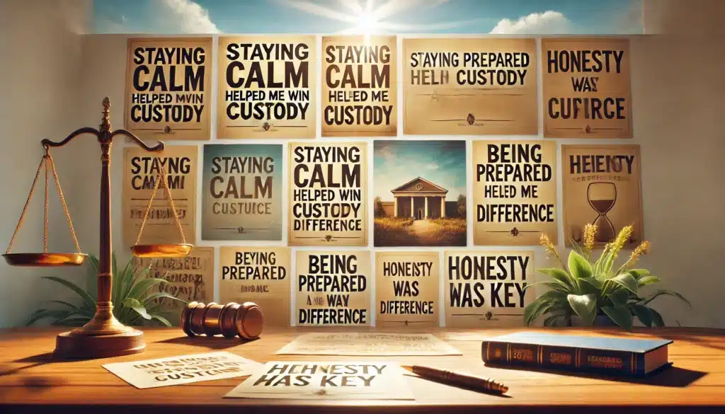 A cinematic, wide-angle, photo-realistic image illustrating various testimonials displayed on a desk. Each testimonial is written on a piece of paper or card, with phrases like 'Staying calm helped me win custody,' 'Being prepared made a difference,' and 'Honesty was key.' The scene is set with warm summer sunlight streaming onto the desk, casting soft shadows. The background includes subtle elements like a legal book or a courthouse exterior in the distance, emphasizing successful navigation of divorce proceedings. Vibrant summer colors add a welcoming, hopeful vibe.