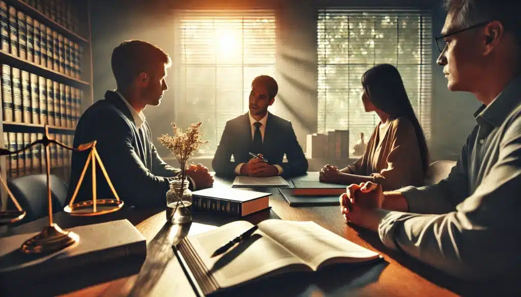 A cinematic, wide-angle, photo-realistic image of a family law attorney providing guidance to clients during the divorce process. The scene is set in a warmly lit office with summer sunlight streaming through the windows, casting a soft glow. The attorney sits across a desk from two clients, listening intently, with open legal documents and a notebook in view. The atmosphere is calm, professional, and supportive, with details like legal books, a pen, and warm summer tones creating a welcoming environment. The clients appear focused, with no visible faces to maintain privacy.