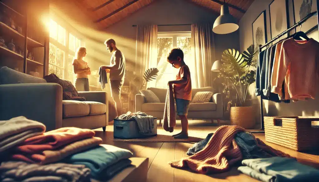 A cinematic, photo-realistic wide-angle image with summer vibes depicting a family scene. A cozy living room with a child trying on clothes, surrounded by folded clothing piles. The parents are visible in the background, discussing or coordinating child support matters in a warm, sunlit environment. The atmosphere emphasizes understanding and collaboration, reflecting the theme of Texas child support and shared responsibilities.