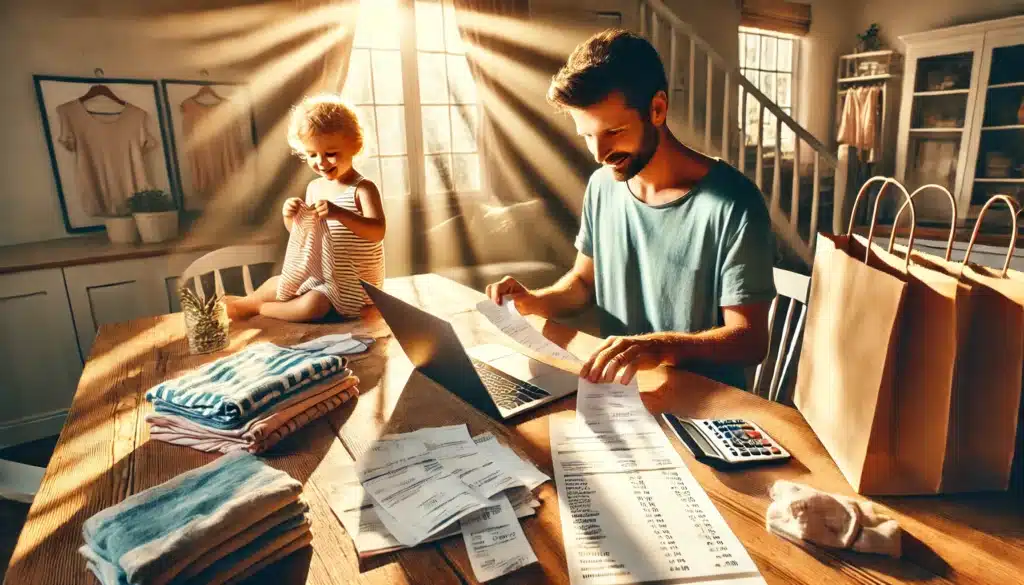 A cinematic, photo-realistic wide-angle image with summer vibes showing a parent sitting at a bright, sunlit kitchen table. The parent is organizing receipts and documents, with a laptop open displaying a budgeting spreadsheet. Nearby, there is a child happily trying on new clothes from neatly folded shopping bags. The scene is warm and inviting, emphasizing the collaborative and responsible task of documenting and managing clothing expenses for child support.