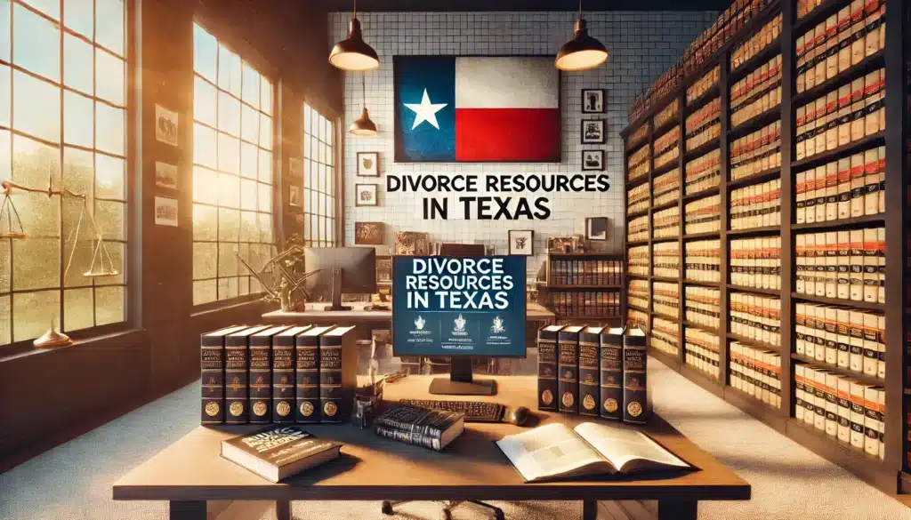 A wide-angle, photo-realistic, cinematic illustration depicting the legal resources available for divorce proceedings in Texas. The scene features a well-organized office or legal resource center with law books, computers showing legal websites, and pamphlets titled 'Divorce Resources in Texas' scattered across a desk. In the background, large windows let in bright summer sunlight, casting a warm glow over the scene. Texas-themed decor, such as a framed Lone Star flag and subtle legal symbols, adorn the walls. The overall mood is inviting and informative, with summer vibes adding a calm yet professional feel.