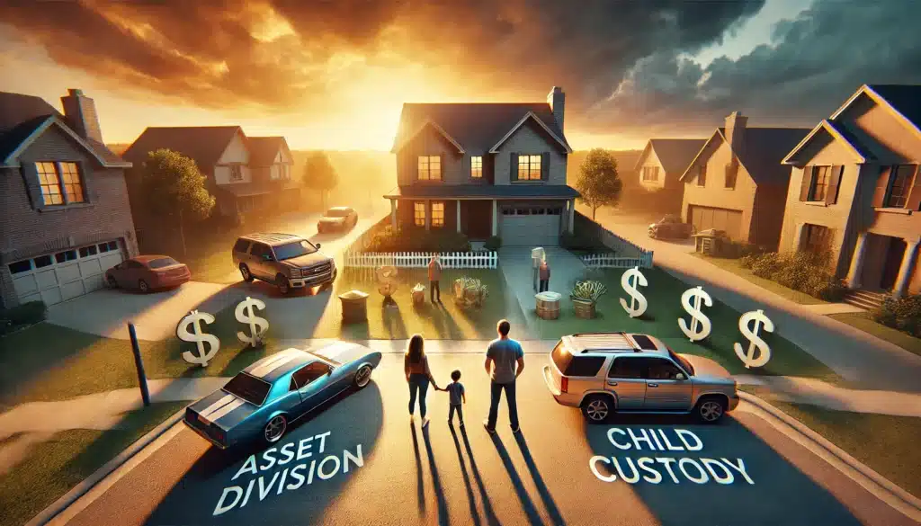A wide-angle, photo-realistic, cinematic summer scene illustrating real-life examples of asset division influenced by child custody. The scene shows a couple standing in a suburban neighborhood, with divided assets such as a house, car, and financial documents represented on either side. Children are present in the background, symbolizing their role in custody decisions. The scene is lit by a warm, golden sunset, creating a serene yet emotional atmosphere. The image reflects the balance and complexity of asset division decisions shaped by child custody in a Texas divorce.