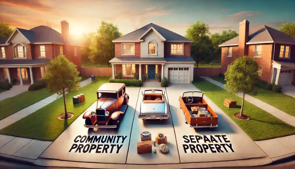 A wide-angle, photo-realistic, cinematic summer scene illustrating the concept of community property in Texas divorce law. The image shows a divided house and car in the center, symbolizing shared community property, with symbolic representations of separate property on each side. On one side, items like a vintage car, a family heirloom, and personal savings are clearly marked as separate property. The scene is set outdoors in warm, soft lighting with a Texas suburban backdrop, with greenery and summer vibes, creating a visually clear distinction between community and separate property.