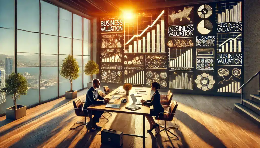 A cinematic, photo-realistic, wide-angle image representing the business valuation process during a divorce. The scene captures summer vibes with warm, golden sunlight filtering through the windows of a modern office space. On a large table in the center, financial documents, valuation reports, laptops, and calculators are spread out. Two individuals, a business appraiser and a divorcing spouse, are engaged in discussion. In the background, a symbolic split screen showing rising business graphs and assets like buildings, machinery, and intellectual property emphasizes the valuation process. The atmosphere is analytical yet calm.