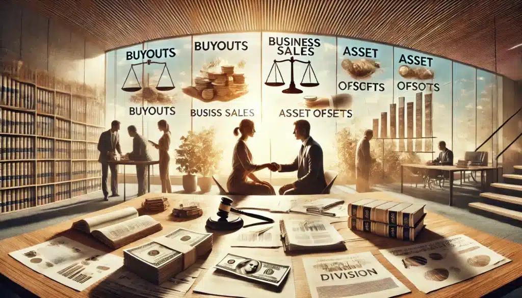 A cinematic, photo-realistic, wide-angle image illustrating various strategies for dividing business assets in a divorce. The scene has a summer vibe with warm sunlight filling a modern office. On a large table, documents and charts are spread out, showing strategies like buyouts, business sales, and asset offsets. Two individuals, representing divorcing spouses, are seated at the table with a legal advisor in discussion. In the background, symbolic elements such as stacks of money, a handshake, and a scale representing fairness, highlight the different asset division strategies. The atmosphere feels calm and analytical.
