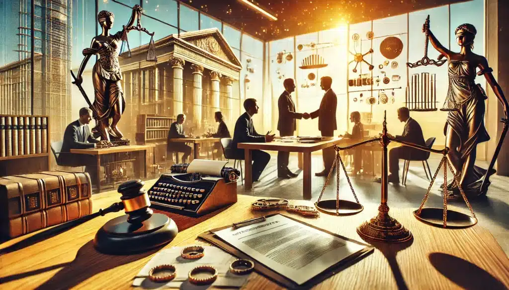 A cinematic, photo-realistic, wide-angle image artistically depicting legal considerations for business owners in divorce scenarios. The scene captures summer vibes with warm sunlight illuminating a modern office setting. On the table, legal documents, contracts, and scales of justice are spread out, with two individuals engaged in a serious conversation with a lawyer. In the background, symbolic elements such as a gavel, courthouse, and business assets like buildings and machinery highlight the legal complexities involved. The atmosphere is thoughtful, analytical, and professional.